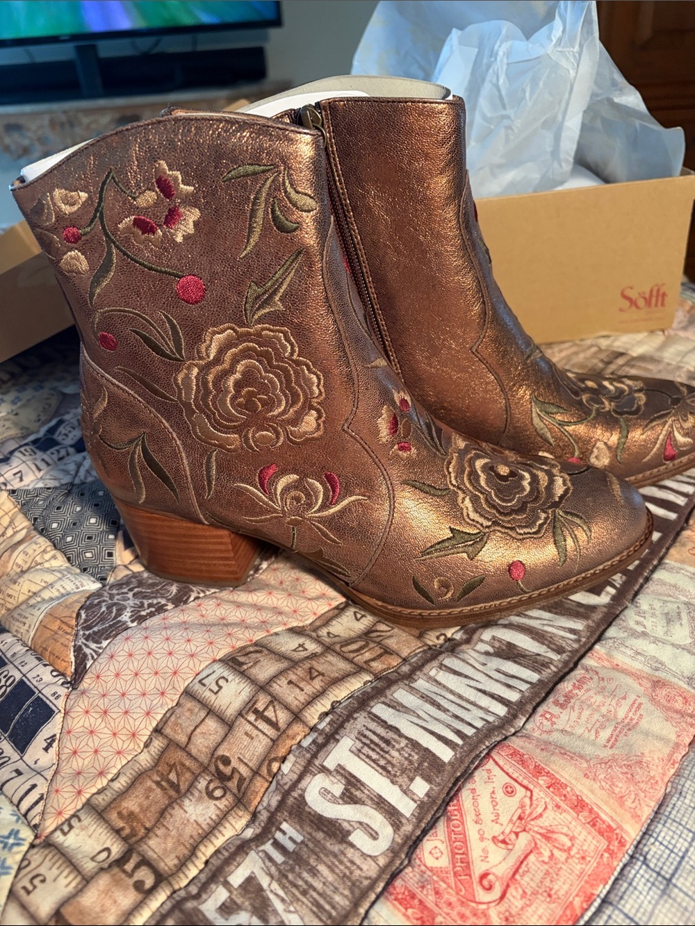 Sofft Bronze Metallic Floral Embroidered Ankle Booties